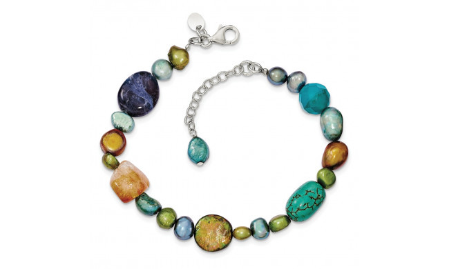 Quality Gold Sterling Silver Citrine Lapis Dyed Howlite FW Cultured Pearl Bracelet - QH4580-7.5