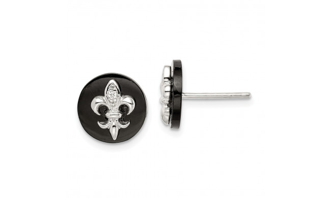 Quality Gold Sterling Silver CZ Fleur de Lis on Onyx Circle Stud Earrings - QE9089