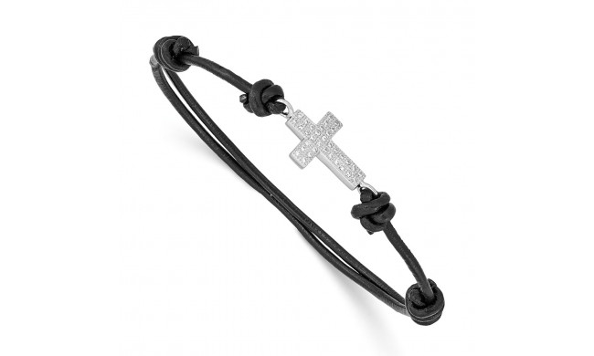 Quality Gold Sterling Silver Rhodium-plated CZ Cross Black Leather Adjustable Bracelet - QG3570
