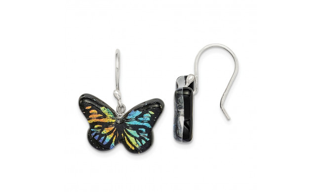 Quality Gold Sterling Silver Iridescent Glass Butterfly Dangle Earrings - QE14251