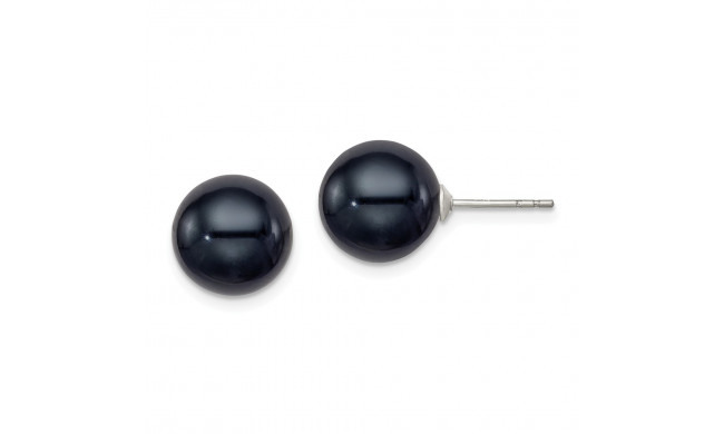Quality Gold Sterling Silver 10-11mm Black FW Cultured Round Pearl Stud Earrings - QE12706