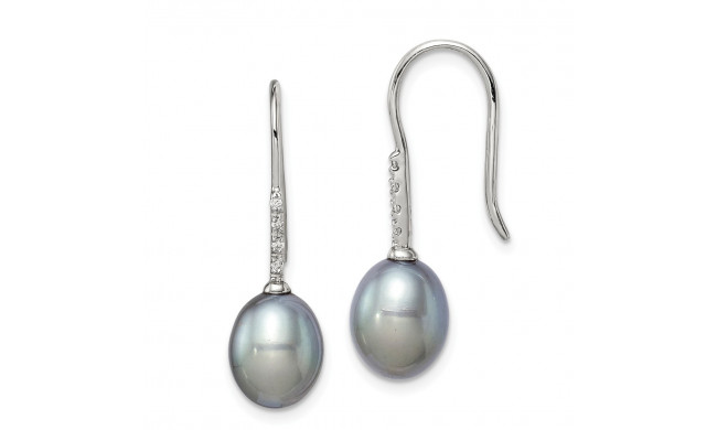 Quality Gold Sterling Silver 7-8mm Grey FWC Pearl CZ Dangle Earrings - QE14963