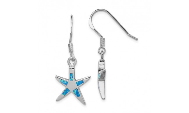 Quality Gold Sterling Silver  Blue Opal Inlay Flat Starfish Dangle Earrings - QE7438