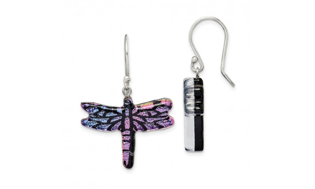 Quality Gold Sterling Silver Iridescent Glass Dragonfly Dangle Earrings - QE14250