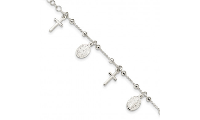 Quality Gold Sterling Silver Polished   Cross & Miraculous Medal Bracelet - QG4251-6.25