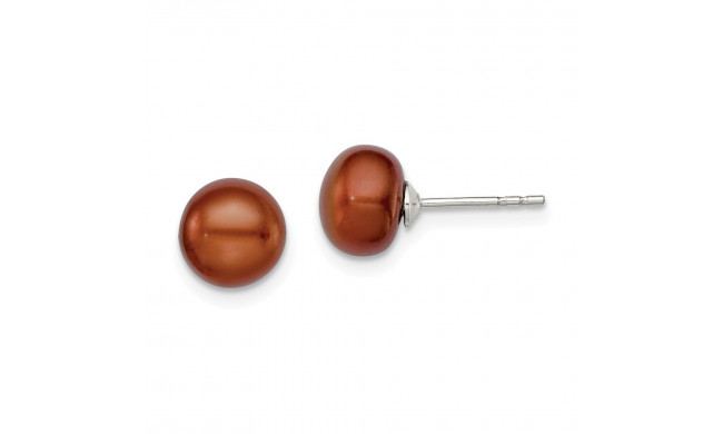 Quality Gold Sterling Silver 7-8mm Brown FW Cultured Button Pearl Stud Earrings - QE12673