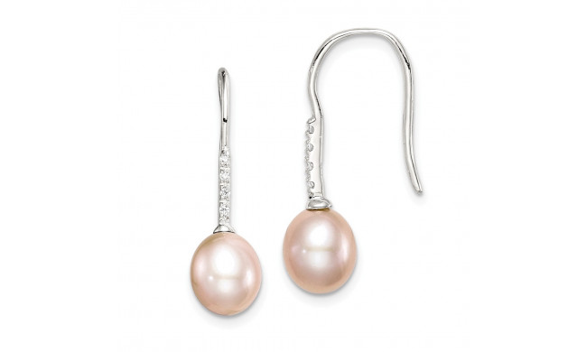 Quality Gold Sterling Silver 7-8mm Pink FWC Pearl CZ Dangle Earrings - QE14964