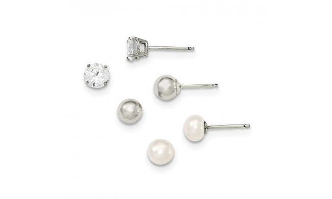 Quality Gold Sterling Silver Rhodium-plate 6mm Ball Button FWC Pearl CZ Stud Earring Set - QE12881SET