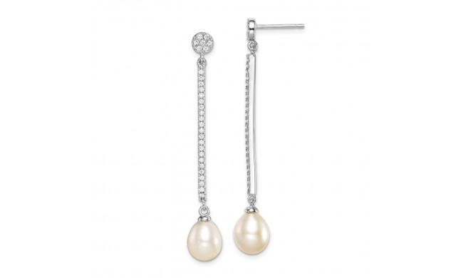 Quality Gold Sterling Silver Rhodium-plated CZ Bar & FWC Pearl Dangle Post Earrings - QE15351