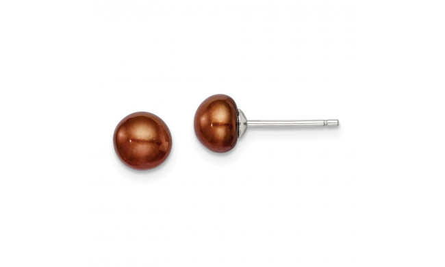Quality Gold Sterling Silver 6-7mm Brown FW Cultured Button Pearl Stud Earrings - QE7786