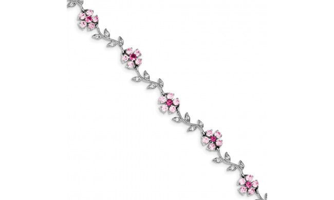 Quality Gold Sterling Silver Rhodium-plated 7.75inch Pink and Clear CZ Flower Bracelet - QX420CZ