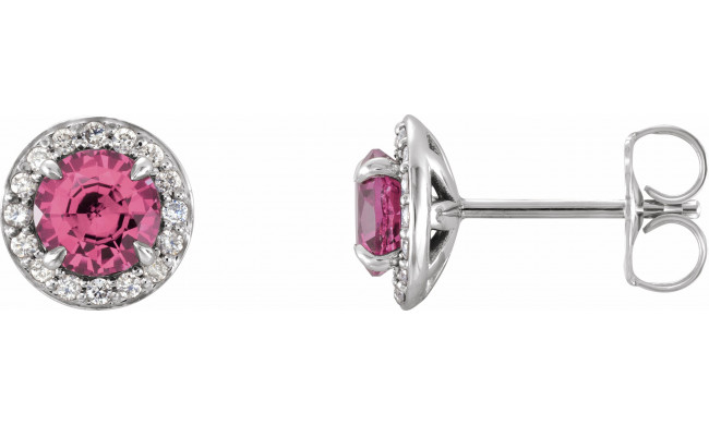 14K White 5 mm Round Pink Tourmaline & 1/8 CTW Diamond Earrings - 864586029P