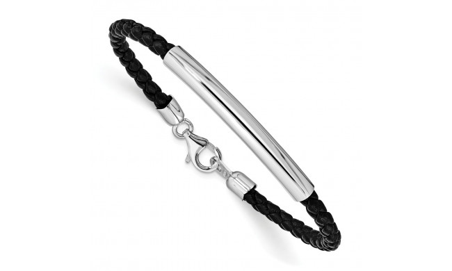Quality Gold Sterling Silver Rhodium-plated Braided Black Leather Bracelet - QG1083-7