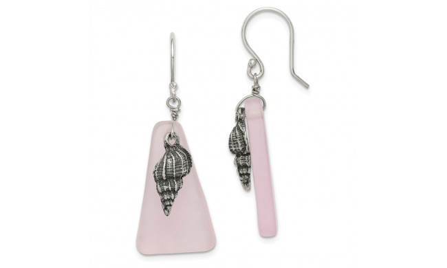 Quality Gold Sterling Silver Pink Sea Glass Seashell Dangle Earrings - QE14248