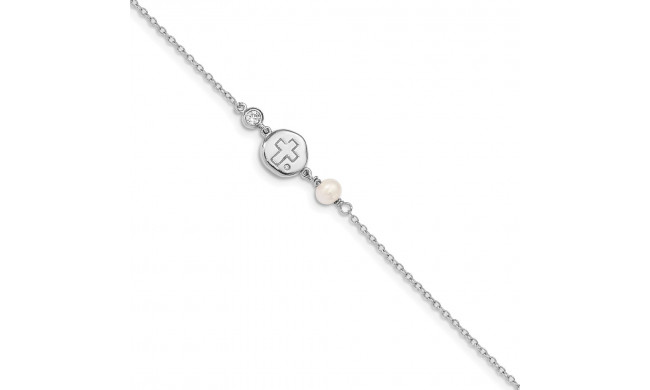 Quality Gold Sterling Silver Rhodium-plated CZ Cross & FWC Pearl  .5in ext Bracelet - QG4946-6.75