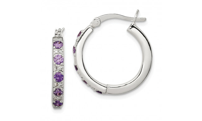 Quality Gold Sterling Silver Polished Purple and White CZ Hinged Hoop Earrings - QE12275