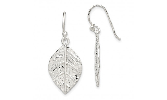 Quality Gold Sterling Silver Leaf Textured Dangle Earrings - QE12457