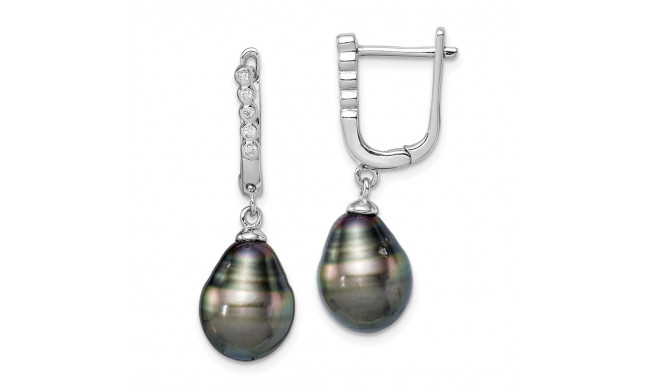 Quality Gold Sterling Silver Rhod-plat 9-10mm Tahitian Drop Pearl CZ Dangle Earrings - QE15380