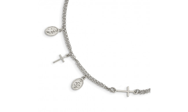 Quality Gold Sterling Silver Cross & Mary Charm with 1in .ext Bracelet - QG4969-7