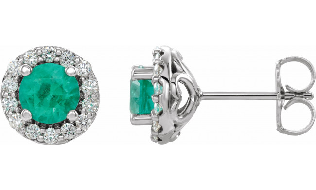 14K White 4 mm Round Emerald & 1/8 Diamond Earrings - 86839615P