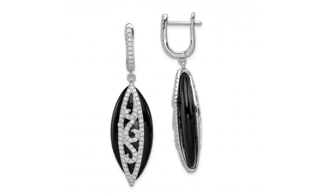 Quality Gold Sterling Silver Rhodium-plated CZ & Onyx Hinged Hoop Earrings - QE12338