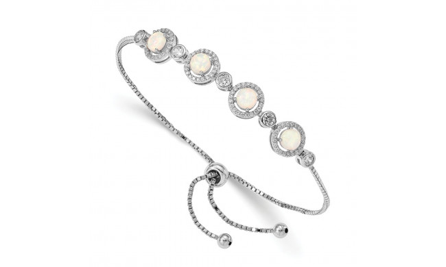 Quality Gold Sterling Silver Rhodium-plated Created Opal & CZ Halo Adjustable Bracelet - QG4777