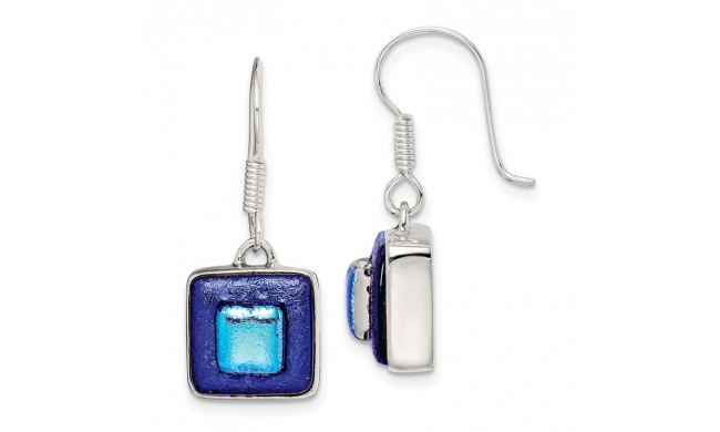 Quality Gold Sterling Silver Blue Dichroic Glass Square Shaped Dangle Earrings - QE6261