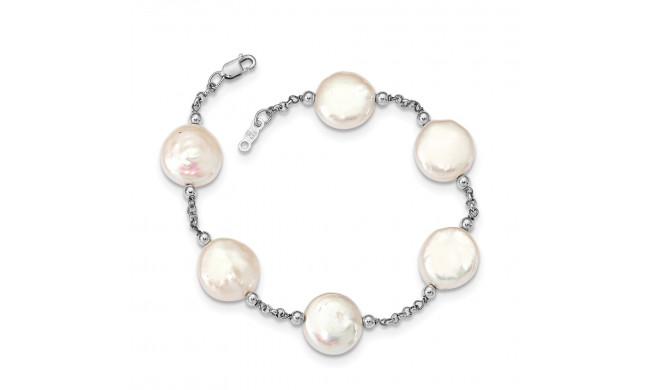 Quality Gold Sterling Silver Rhod-plated 12-13 Coin FWC Pearl 6 Stat Bracelet - QG5084-7.5