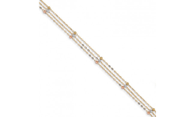 Quality Gold 14k Tri-color 3-Strand Diamond  Beaded Anklet - ANK290-10