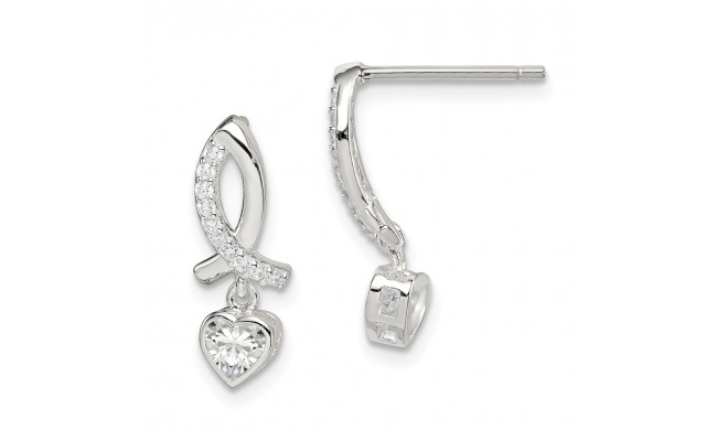 Quality Gold Sterling Silver CZ Ribbon with Heart Dangle Post Earrings - QE15009