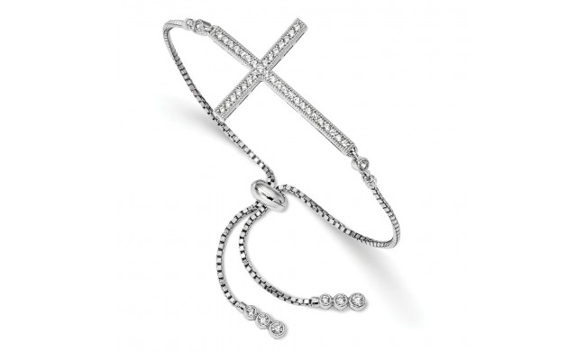 Quality Gold Sterling Silver Rhodium-plated CZ Polished Adjustable Cross Bracelet - QG4653