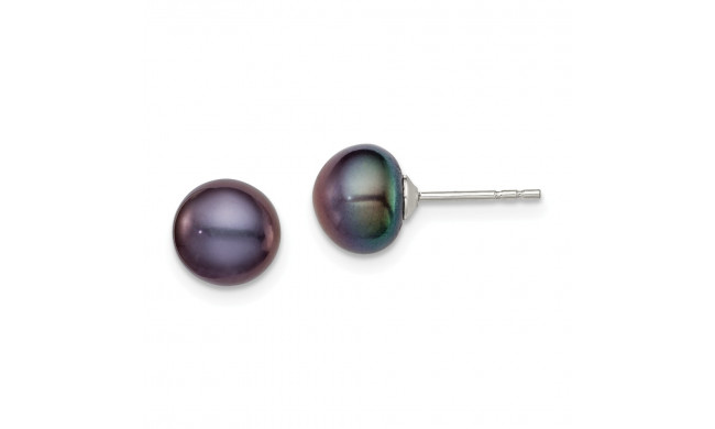 Quality Gold Sterling Silver 7-8mm Black FW Cultured Button Pearl Stud Earrings - QE12668