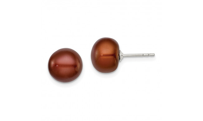 Quality Gold Sterling Silver 9-10mm Brown FW Cultured Button Pearl Stud Earrings - QE12674