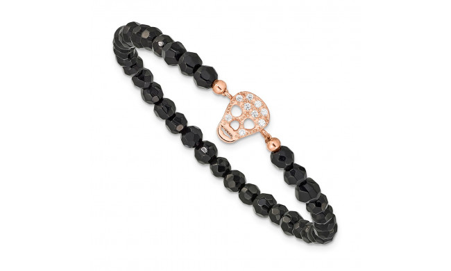 Quality Gold Sterling Silver Rhodium-plated Pink-plated Onyx & CZ Skull Stretch Bracelet - QG3572