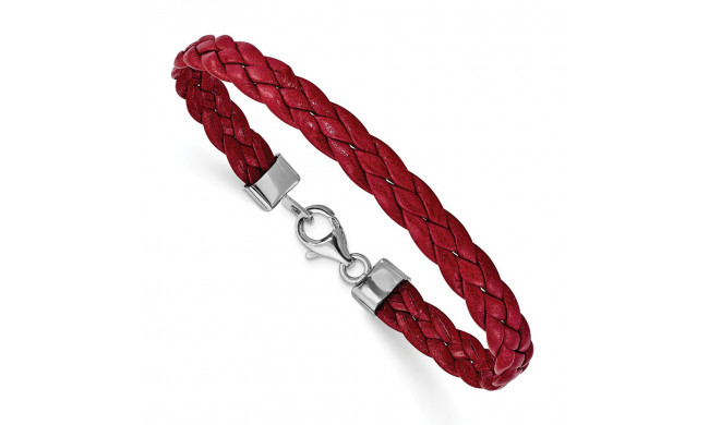 Quality Gold Sterling Silver Rhodium-plated Red Braided Leather Bracelet - QG1847-7