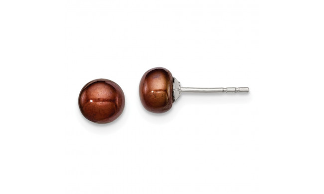 Quality Gold Sterling Silver 5-6mm Brown FW Cultured Button Pearl Stud Earrings - QE12672