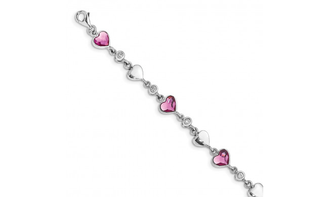 Quality Gold Sterling Silver RH-plated Clear & Pink Crystal Hearts   Bracelet - QG4913-6.5