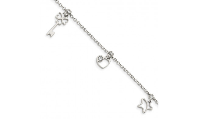 Quality Gold Sterling Silver CZ Heart Star & Key Bracelet - QG4892-6.5