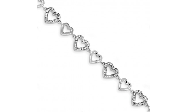 Quality Gold Sterling Silver Rhodium-plated 7in Polished & CZ Hearts Bracelet - QX771CZ