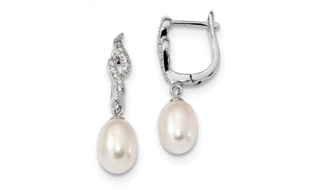 Quality Gold Sterling Silver RH7-8mm Wte Rice FWC Pearl CZ Dangle Earrings - QE13889