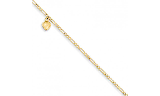 Quality Gold 14k Figaro Link with Dangling Heart Anklet - ANK66-9