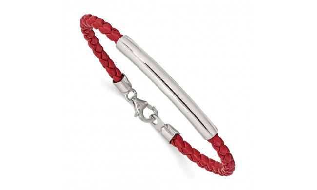 Quality Gold Sterling Silver Rhodium-plated Braided Red Leather Bracelet - QG1082-7