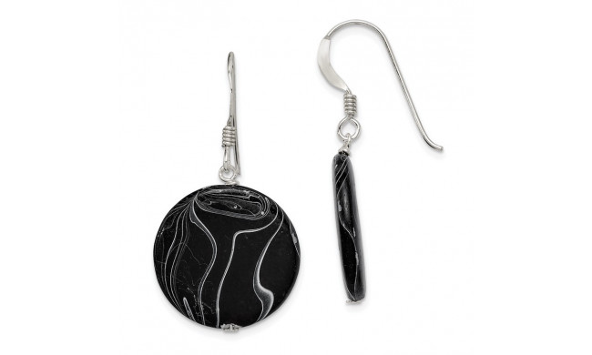 Quality Gold Sterling Silver Black Agate Dangle Disc Earrings - QE7621