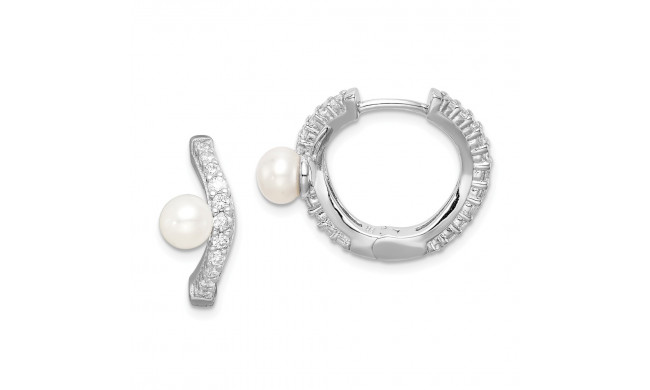 Quality Gold Sterling Silver Rhod-plat 5-6mm White Button FWC Pearl CZ Hoop Earrings - QE15376