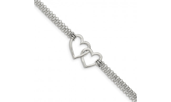 Quality Gold Sterling Silver Polished 3-strand  .5in. Ext. Heart Bracelet - QG3608-7