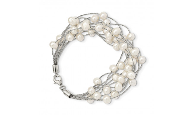 Quality Gold Sterling Silver Rhod-plat 7-8mm White FWC Pearl 10-rows Bracelet - QG5083-7.25