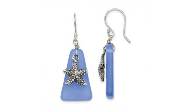 Quality Gold Sterling Silver Blue Sea Glass Starfish Dangle Earrings - QE14249