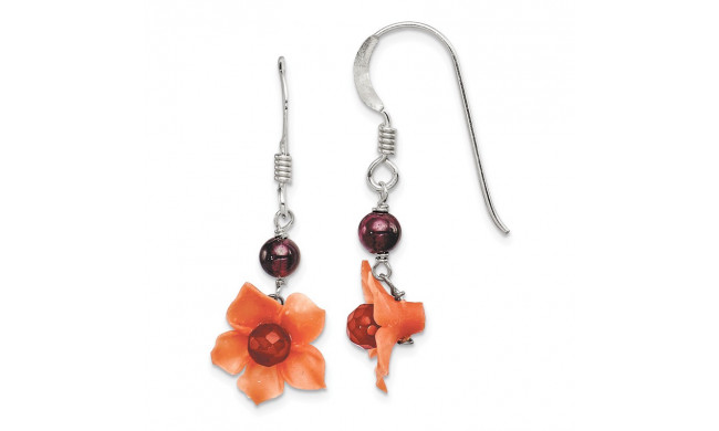 Quality Gold Sterling Silver Garnet Bead & Carnelian Dangle Flower Earrings - QE1300