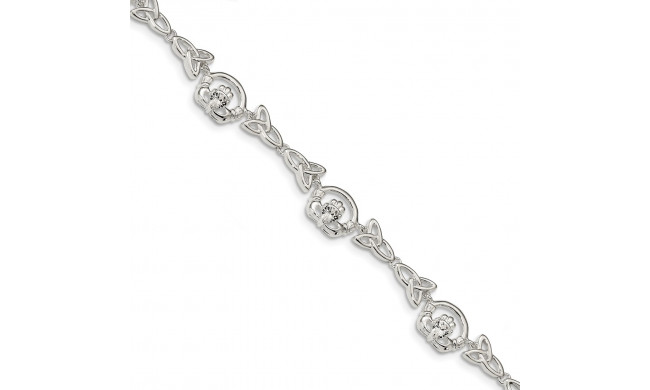 Quality Gold Sterling Silver Polished CZ Clauddagh Trinity Symbol Link Bracelet - QG4675-7