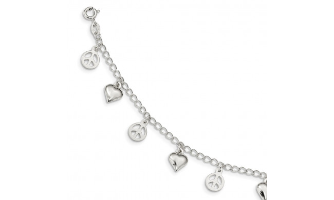 Quality Gold Sterling Silver Polished Peace Sign and Heart Bracelet - QG3252-7.5
